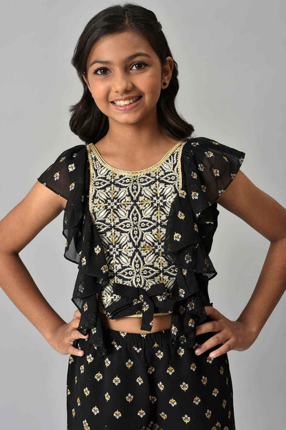 Girls Black Embroidered Ruffled Top And Palazzos Set