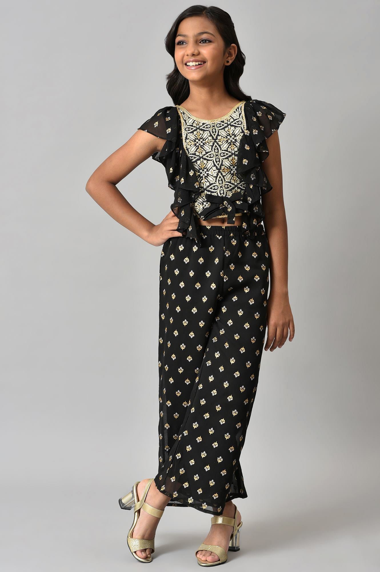 Girls Black Embroidered Ruffled Top And Palazzos Set