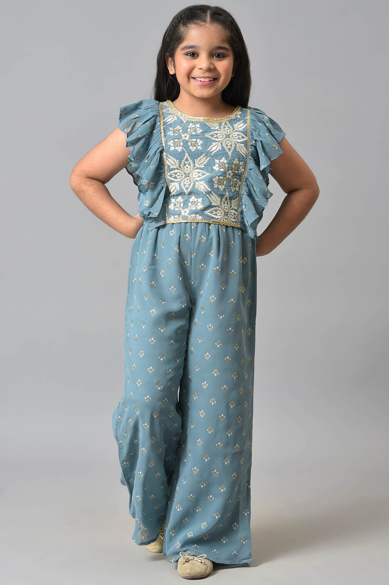 Girls Blue Embroidered Ruffle Top With Palazzo