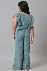 Girls Blue Embroidered Ruffle Top With Palazzo