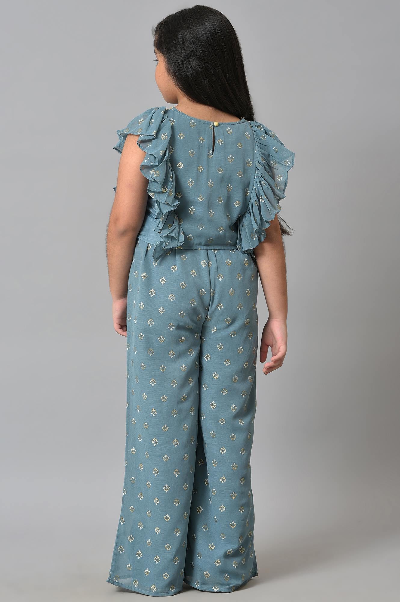 Girls Blue Embroidered Ruffle Top With Palazzo