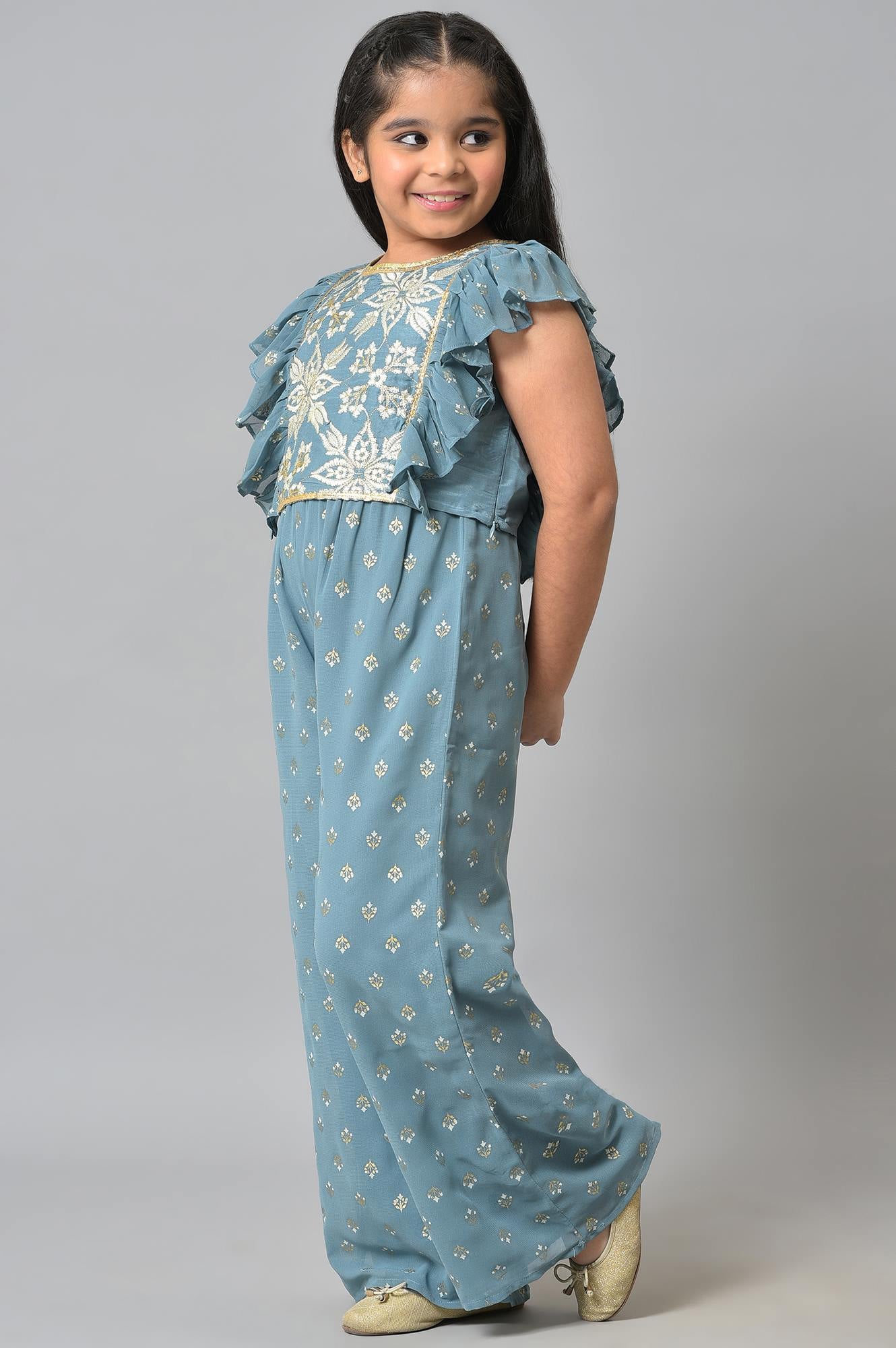 Girls Blue Embroidered Ruffle Top With Palazzo