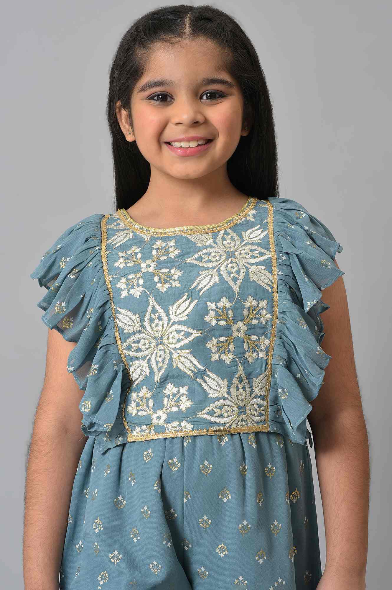 Girls Blue Embroidered Ruffle Top With Palazzo