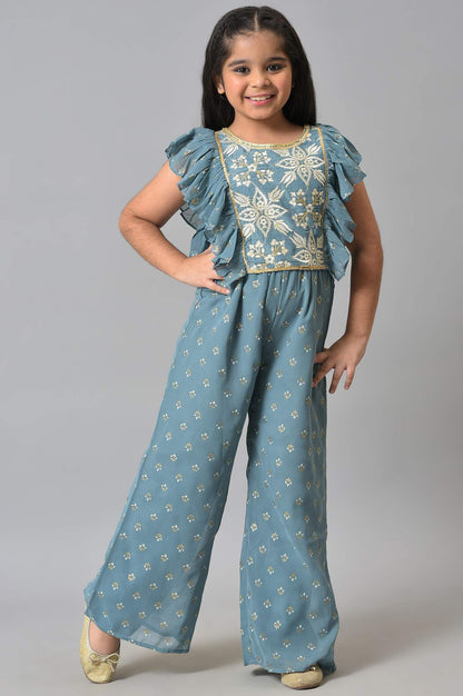 Girls Blue Embroidered Ruffle Top With Palazzo