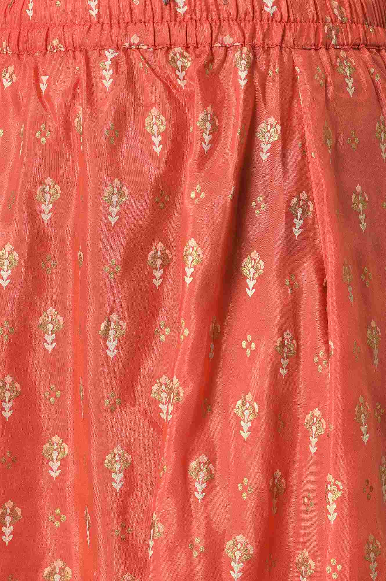 Girls Peach Embroidered kurta With Skirta And Dupatta