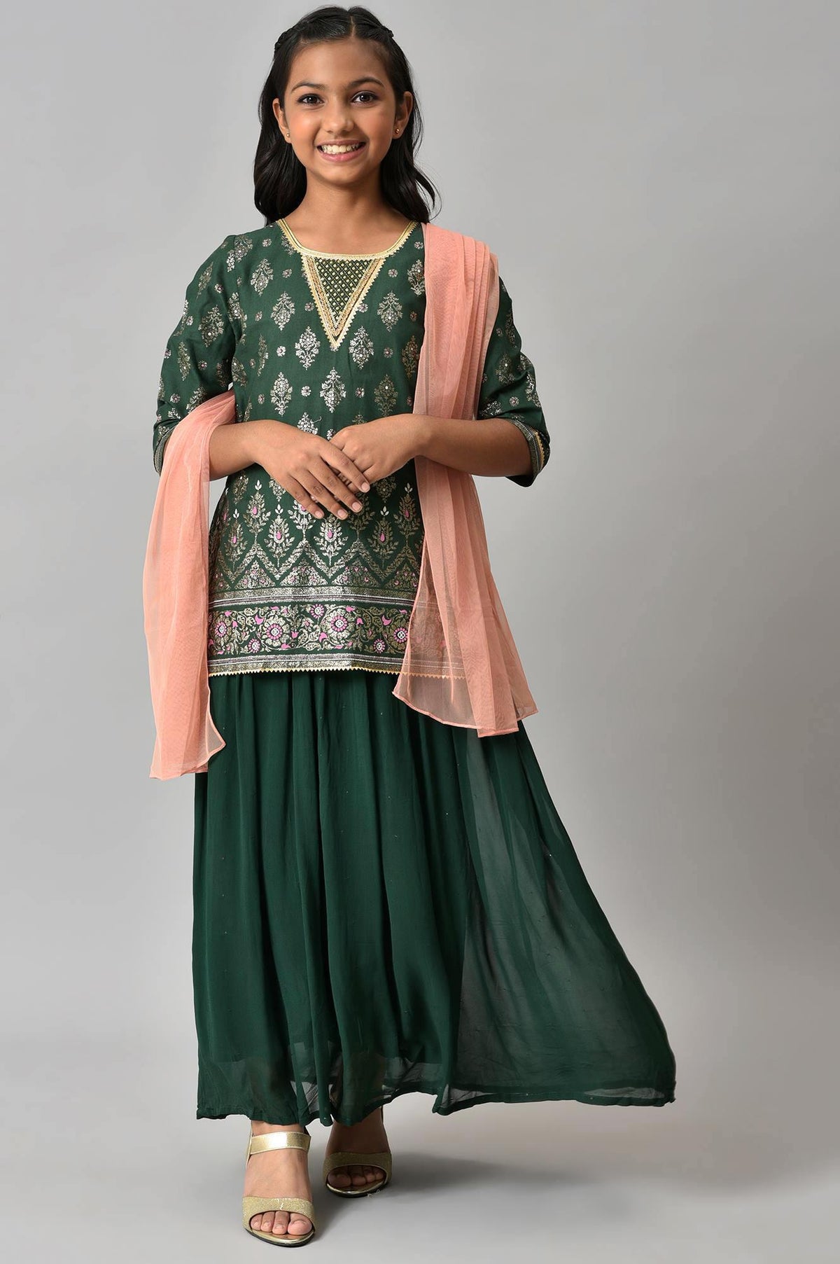Girls Green Embroidered Festive Dress With Peach Dupatta - 14-15
