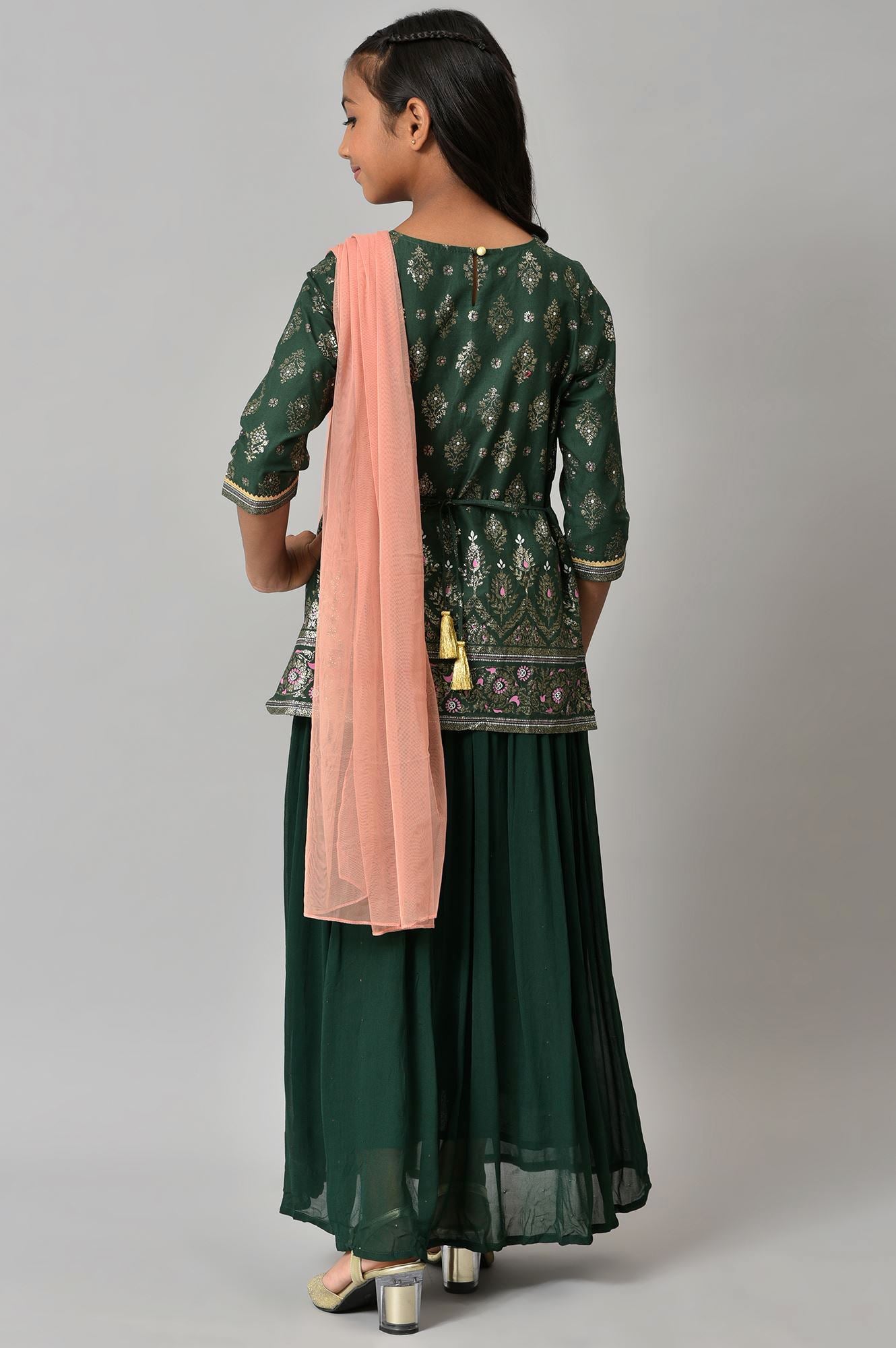 Girls Green Embroidered Festive Dress With Peach Dupatta