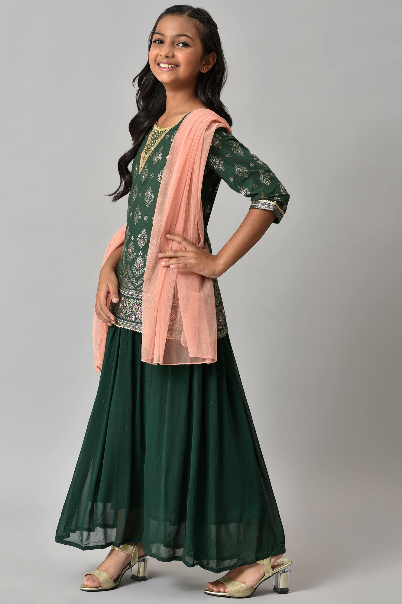 Girls Green Embroidered Festive Dress With Peach Dupatta