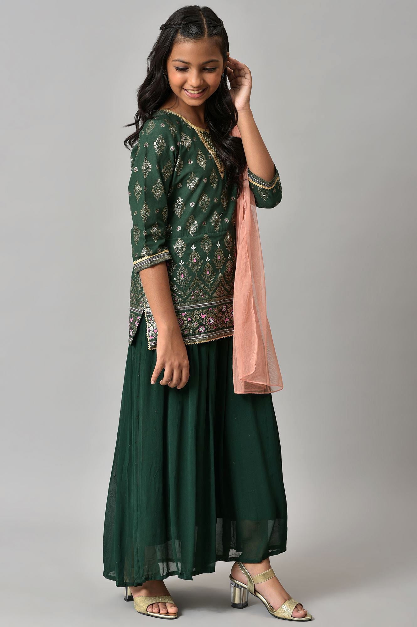 Girls Green Embroidered Festive Dress With Peach Dupatta