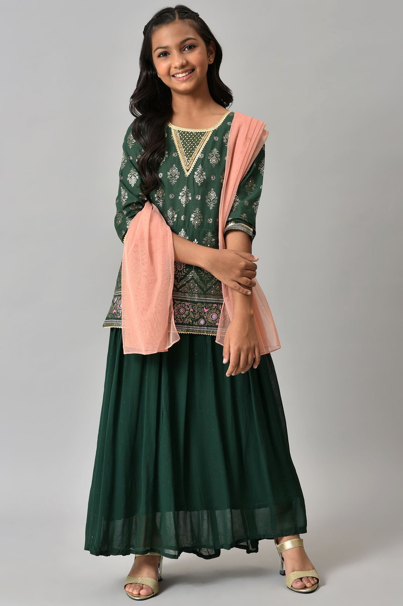 Girls Green Embroidered Festive Dress With Peach Dupatta