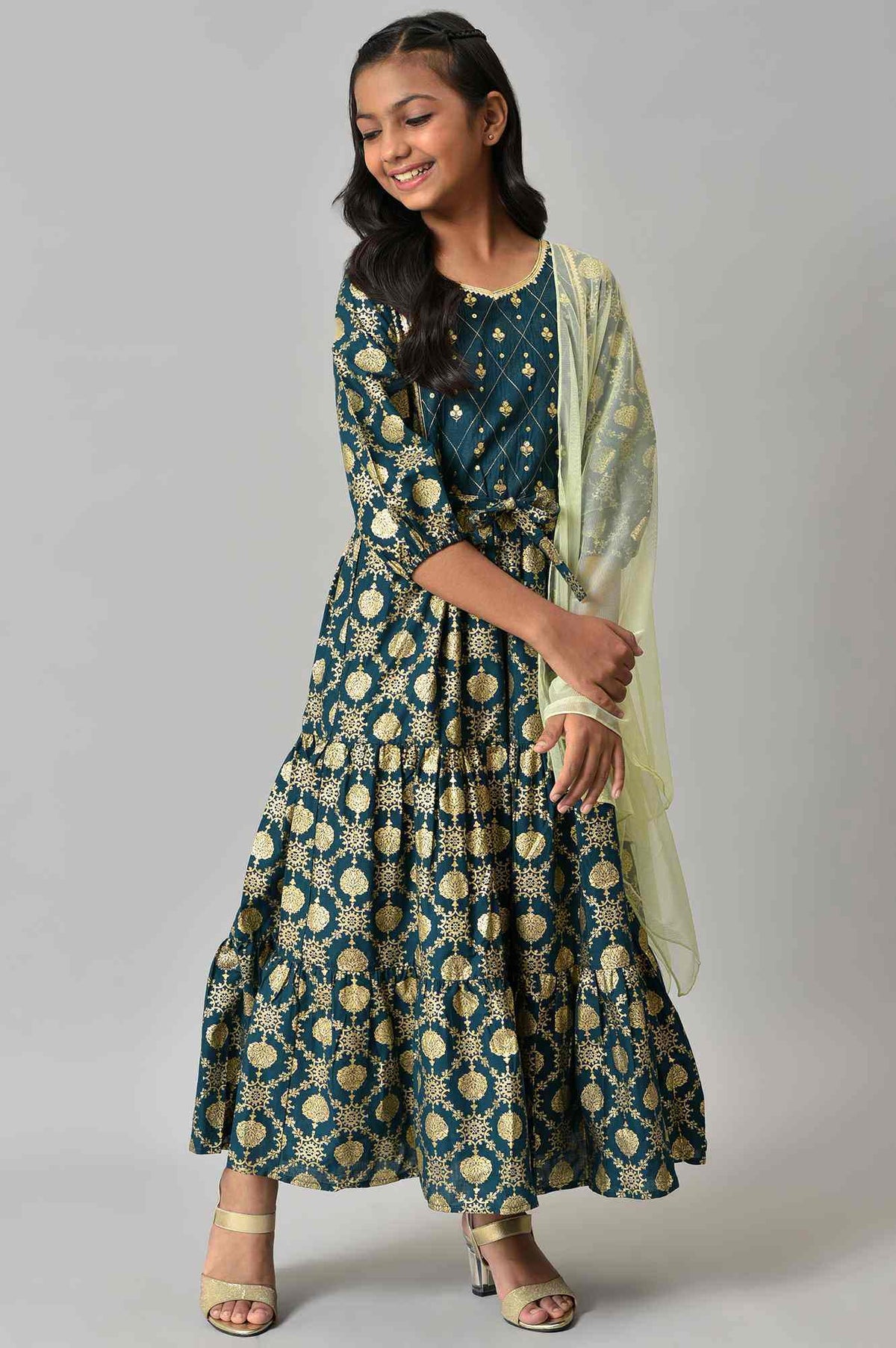 Girls Green Embroidered Festive Dress - 4-5