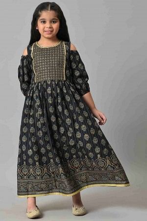 Girls Black Embroidered Festive Dress