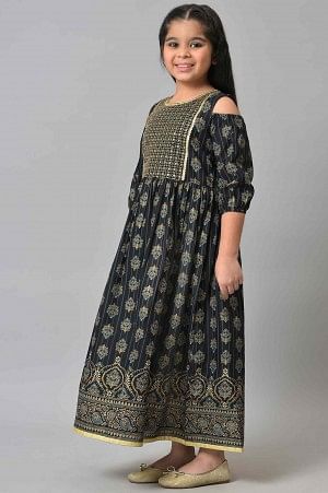 Girls Black Embroidered Festive Dress