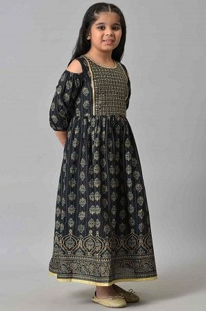 Girls Black Embroidered Festive Dress