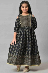 Girls Black Embroidered Festive Dress