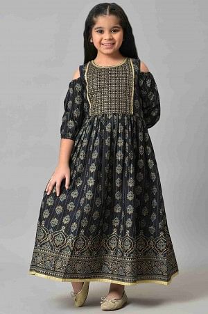 Girls Black Embroidered Festive Dress