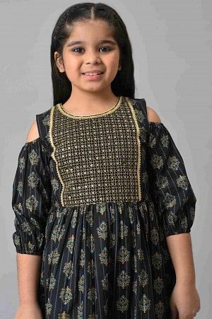 Girls Black Embroidered Festive Dress