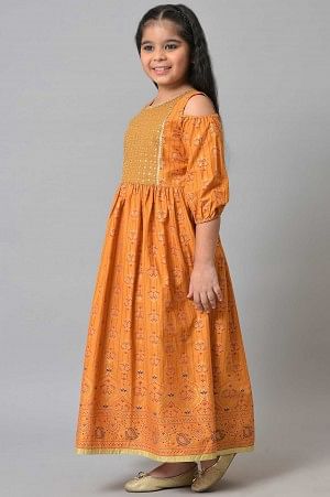 Girls Yellow Embroidered Festive Dress