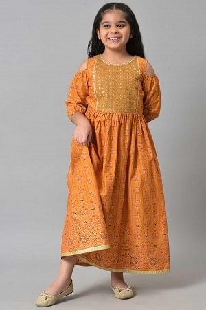 Girls Yellow Embroidered Festive Dress