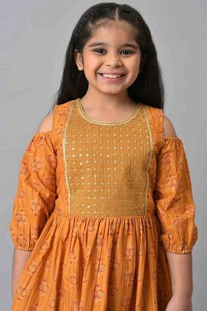 Girls Yellow Embroidered Festive Dress