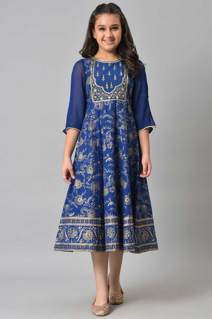 Girls Blue Embroidered Festive Dress