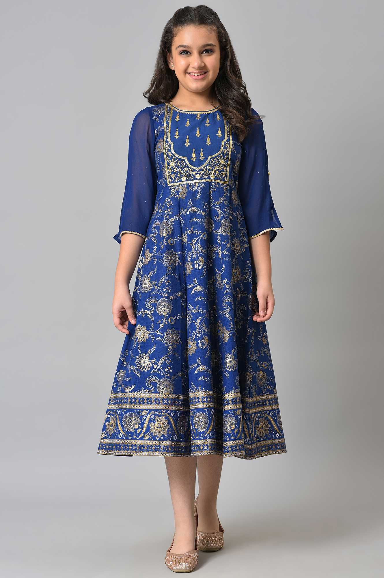 Girls Blue Embroidered Festive Dress