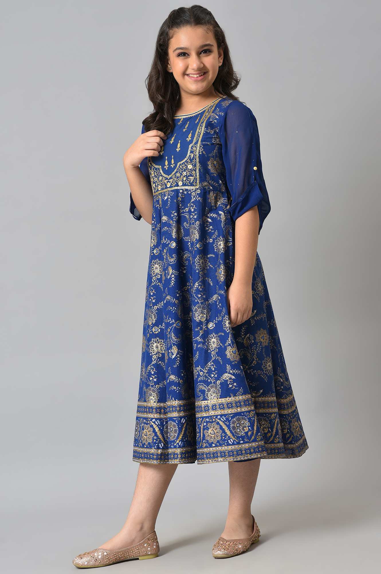 Girls Blue Embroidered Festive Dress