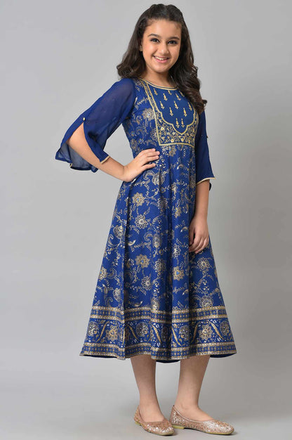 Girls Blue Embroidered Festive Dress