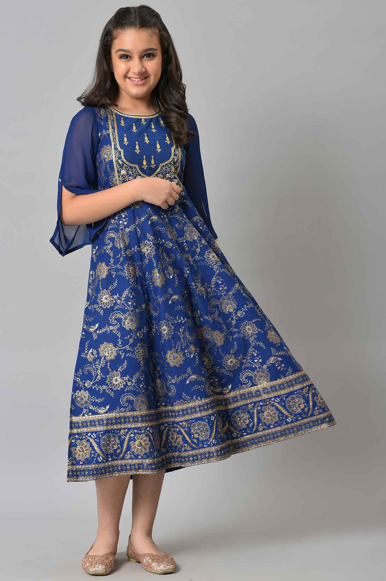 Girls Blue Embroidered Festive Dress