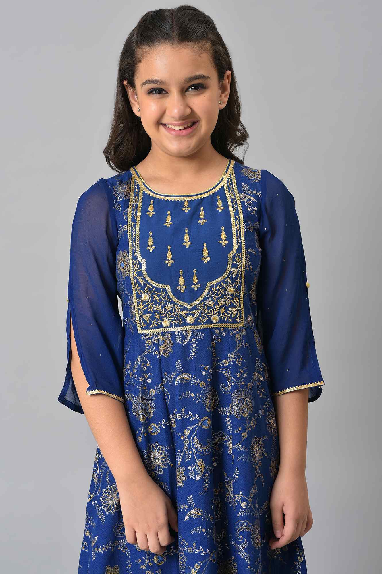 Girls Blue Embroidered Festive Dress