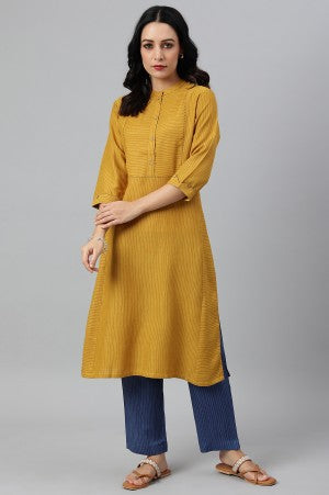 Yellow Thread Embroidered Rayon kurta With Blue Stripe Straight Pants