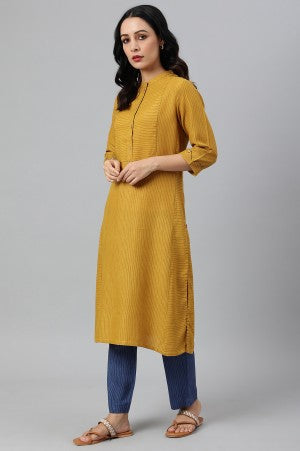 Yellow Thread Embroidered Rayon kurta With Blue Stripe Straight Pants