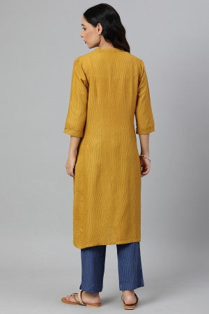 Yellow Thread Embroidered Rayon kurta With Blue Stripe Straight Pants