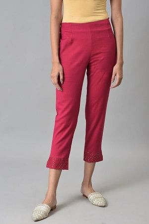 Dark Pink Solid Light Festive Slim Pants