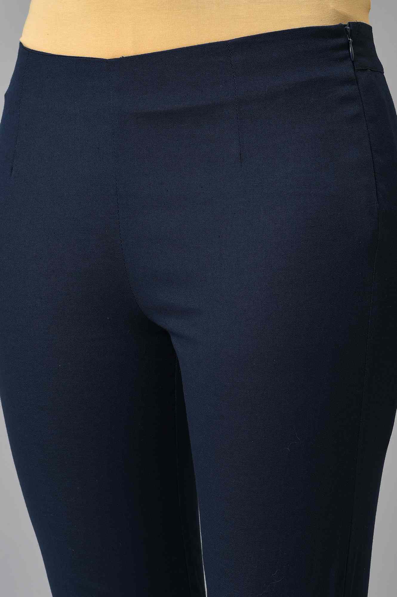 Navy Blue Solid Embroidered Slim Pants