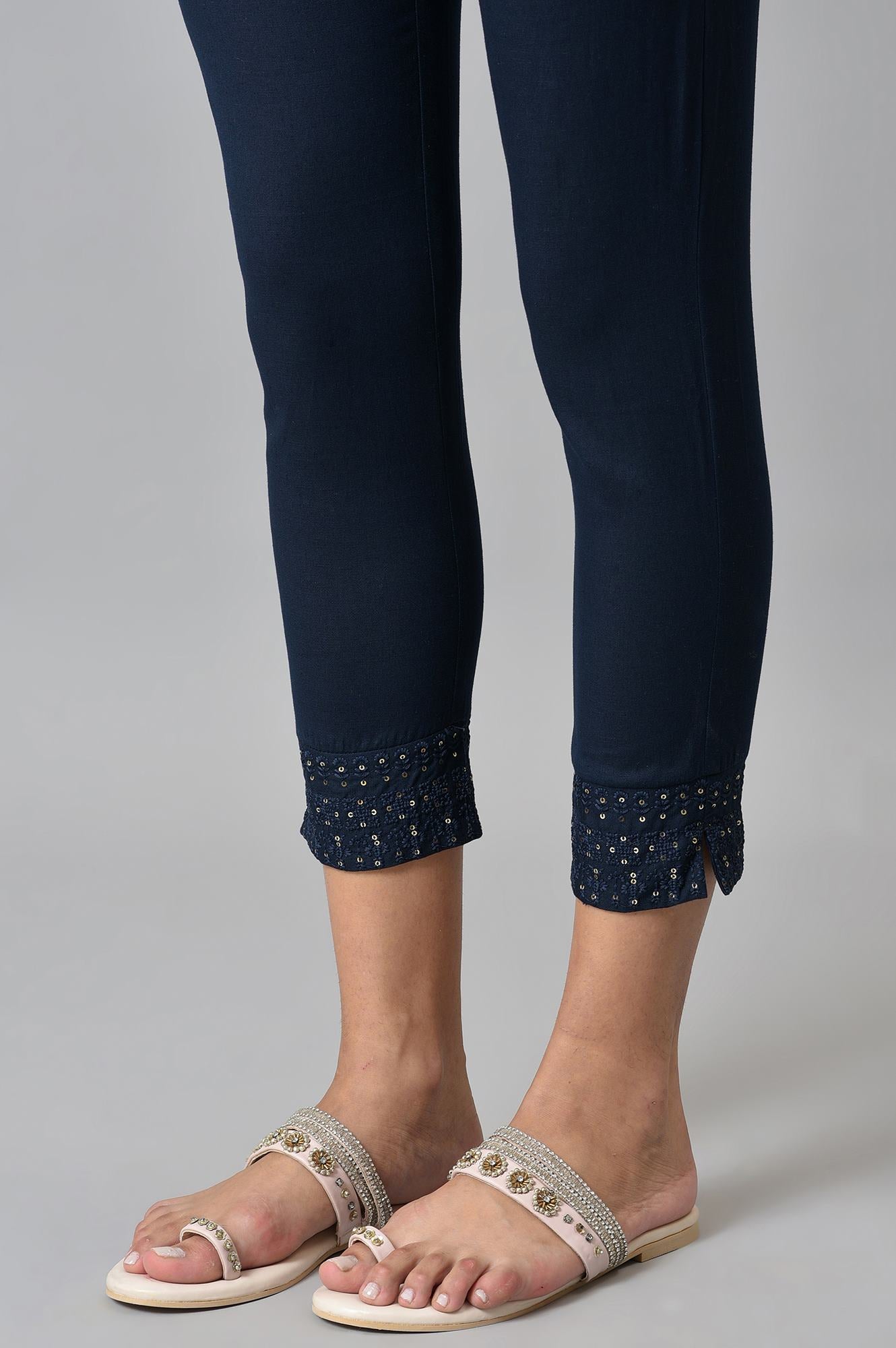 Navy Blue Solid Embroidered Slim Pants