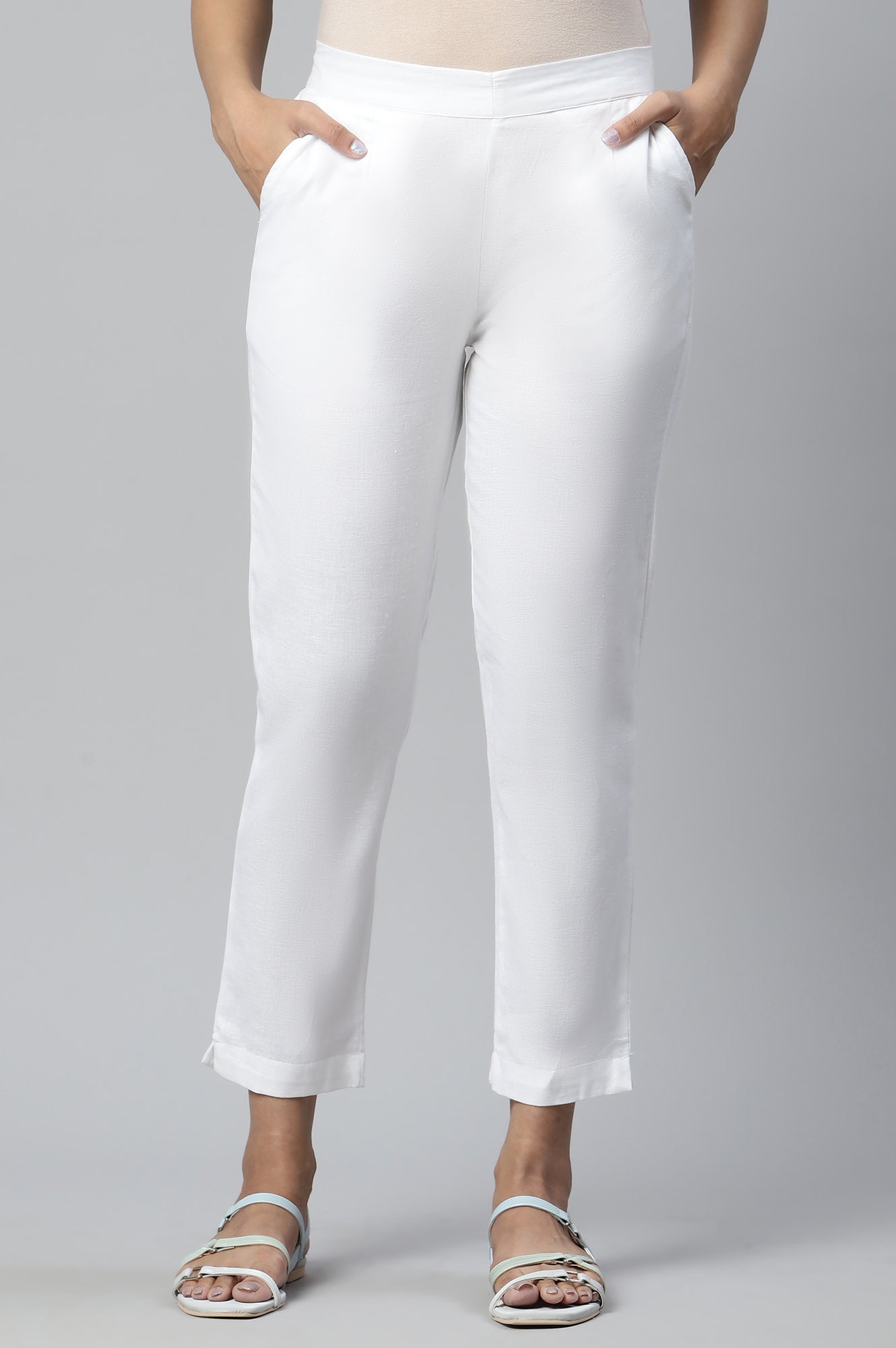 White Cotton Flax Women Trousers