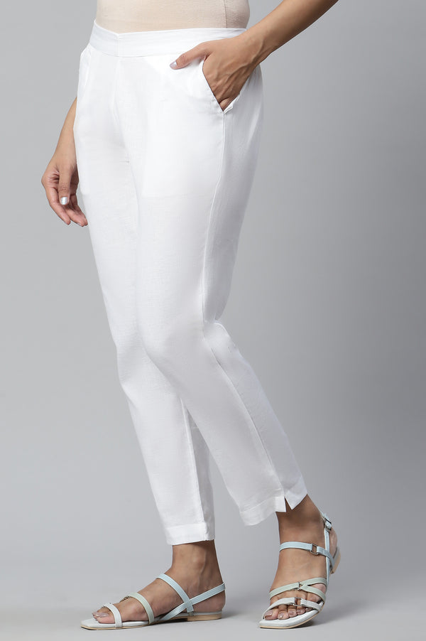White Cotton Flax Women Trousers