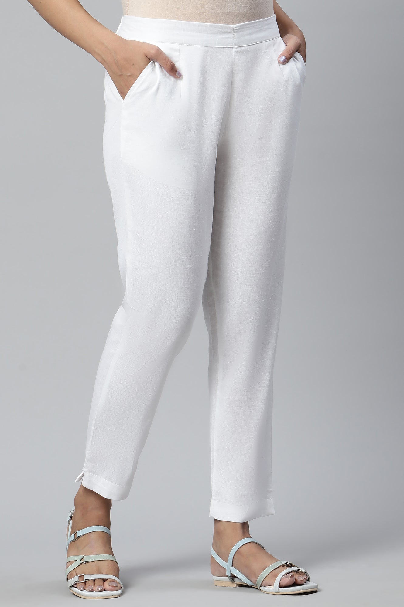 White Cotton Flax Women Trousers