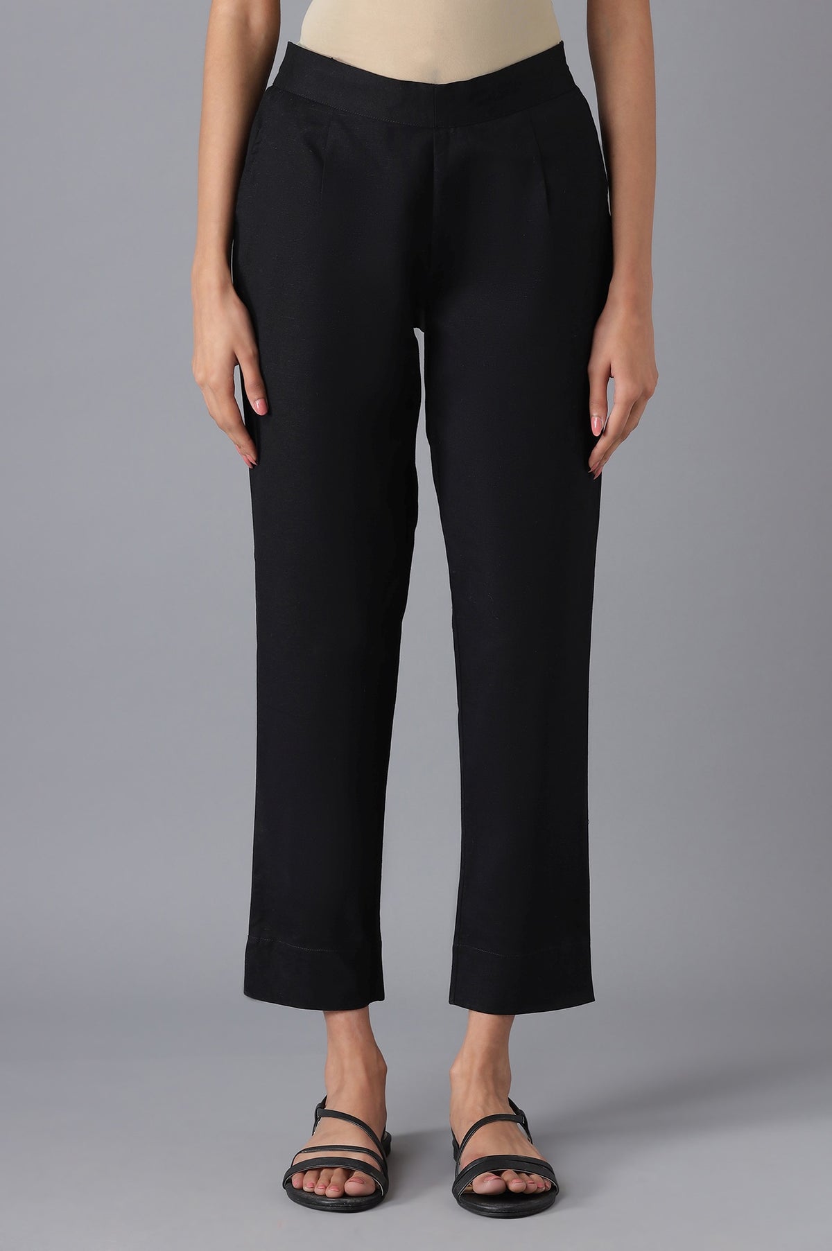 Black Cotton Flax Women Trousers - S