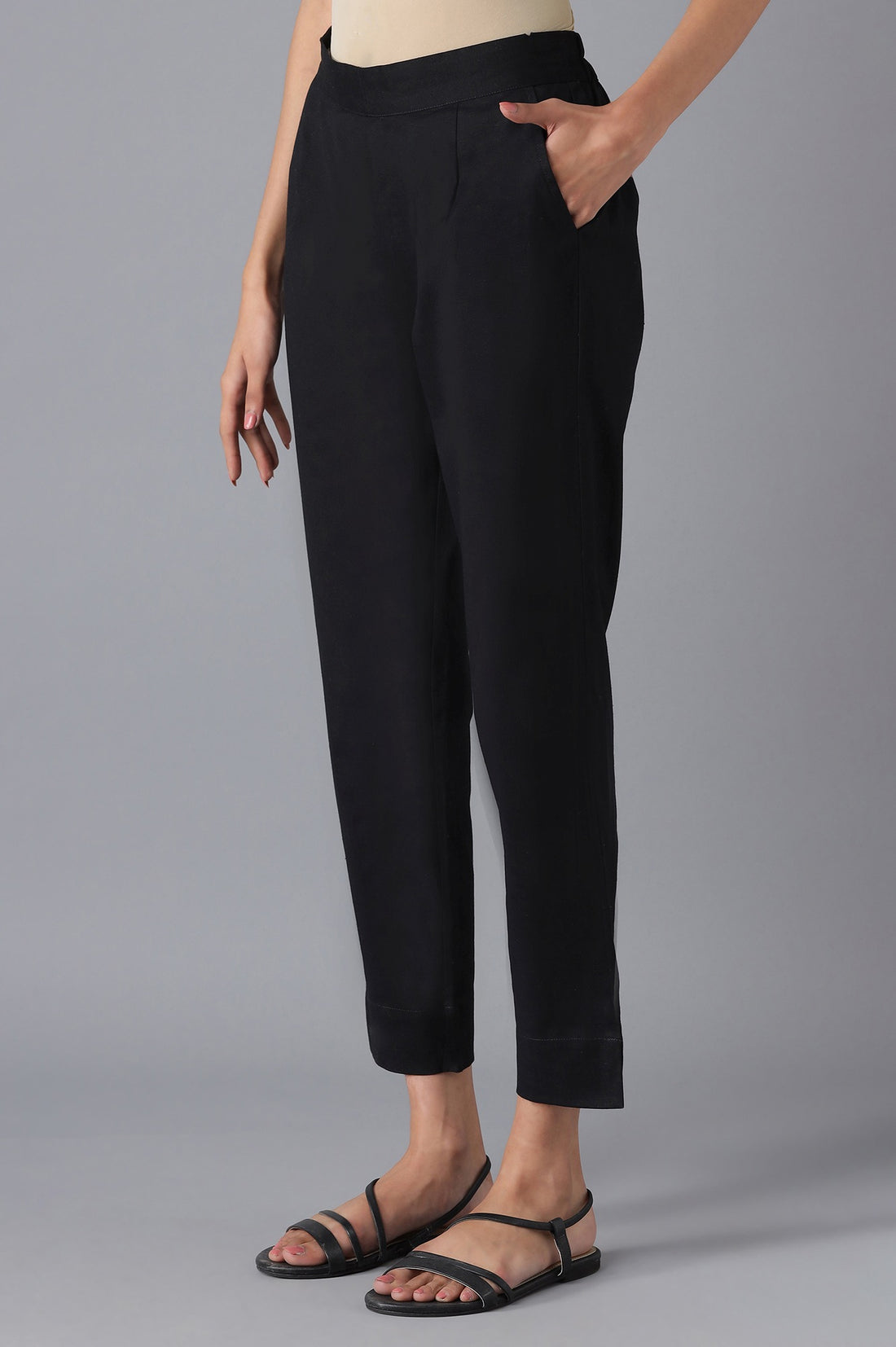 Black Cotton Solid Trousers