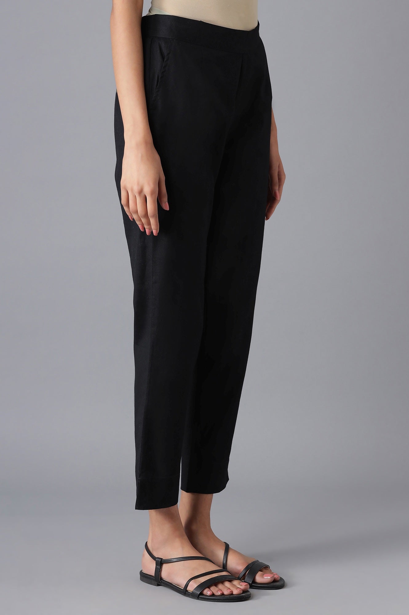 Black Cotton Flax Women Trousers