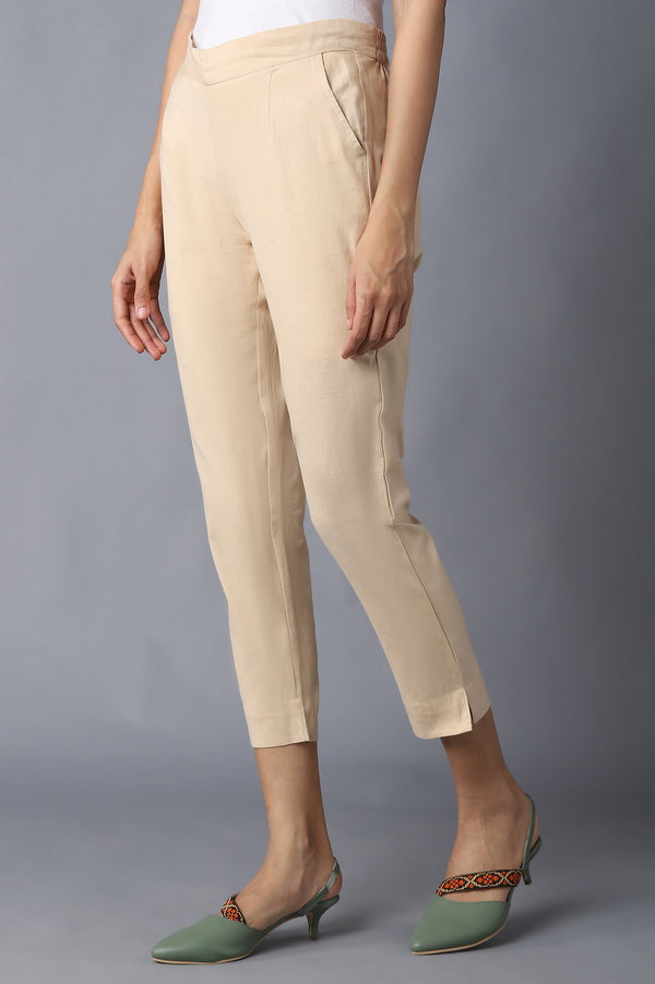 Elleven Women's Beige Solid Straight Fit Cotton Trousers With Elasticated Waistband
