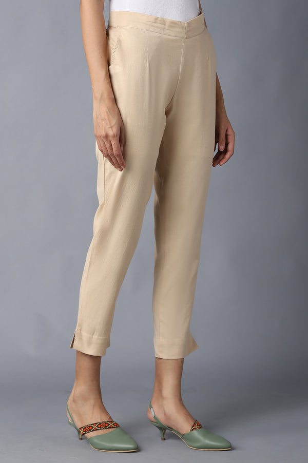 Elleven Women's Beige Solid Straight Fit Cotton Trousers With Elasticated Waistband