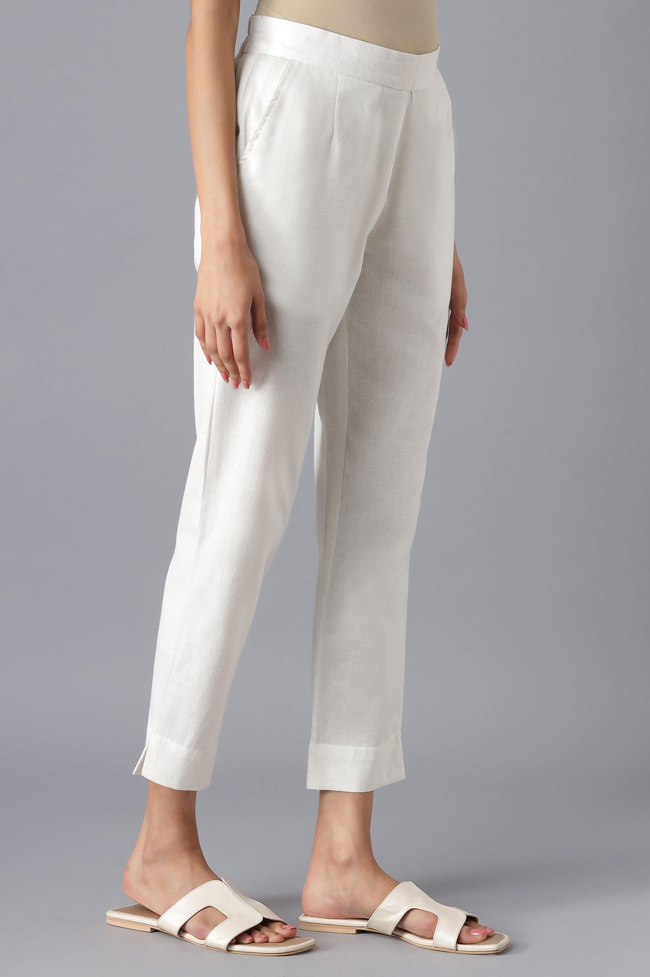 White Cotton Solid Trousers