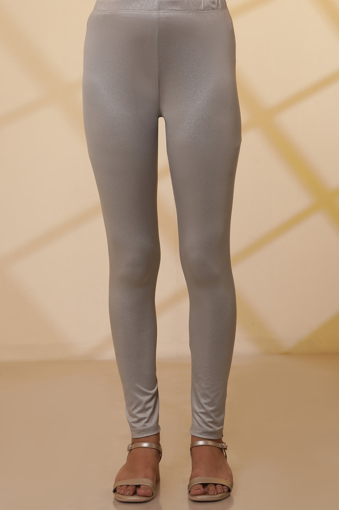 Silver Solid Shimmer Skinny Woven Legging