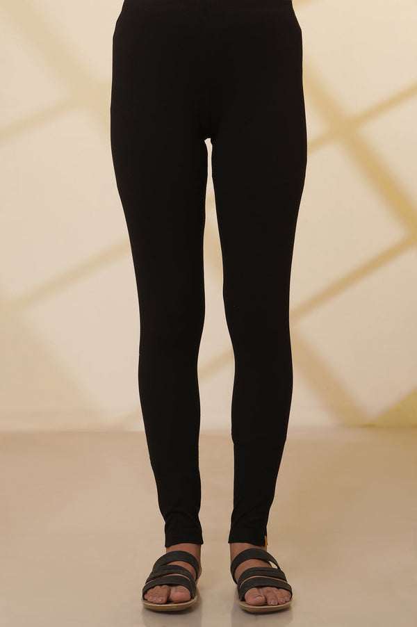 Black Solid Cotton Lycra Ankle Length Leggings