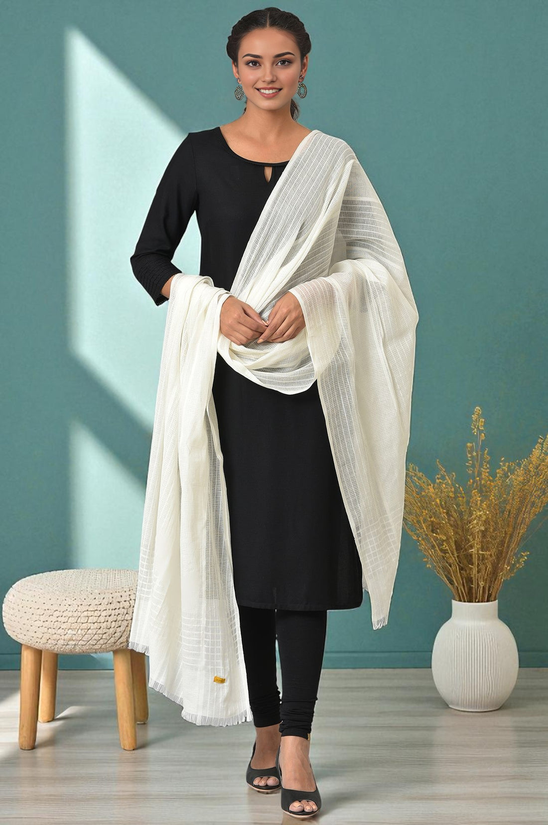 White Cotton South Dupatta