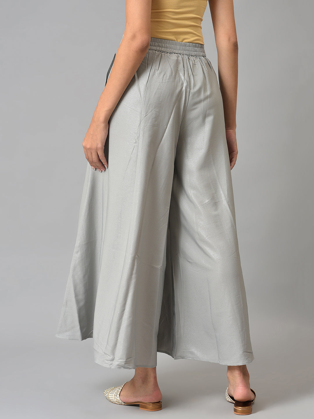 Grey Solid Flared American Crepe Palazzo With Pockets