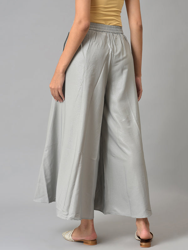 Grey Solid Flared American Crepe Palazzo With Pockets